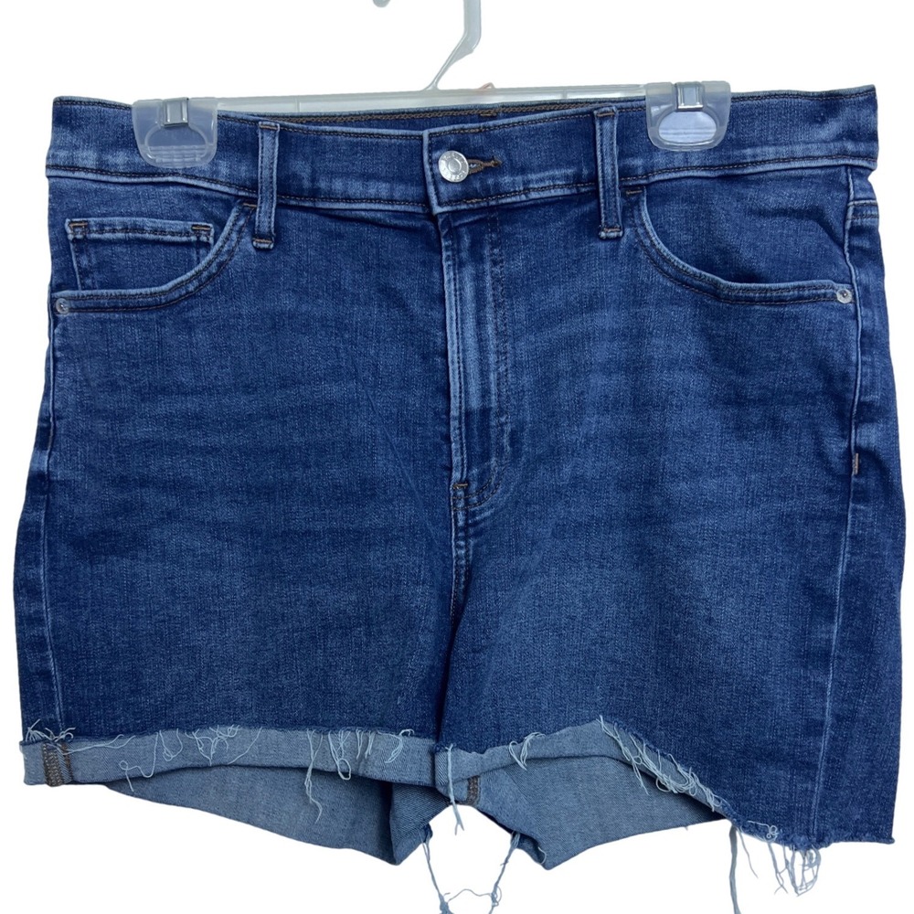Express Shortie High Rise Denim Shorts Women 12 Medium Wash Blue Raw Hem Stretch
